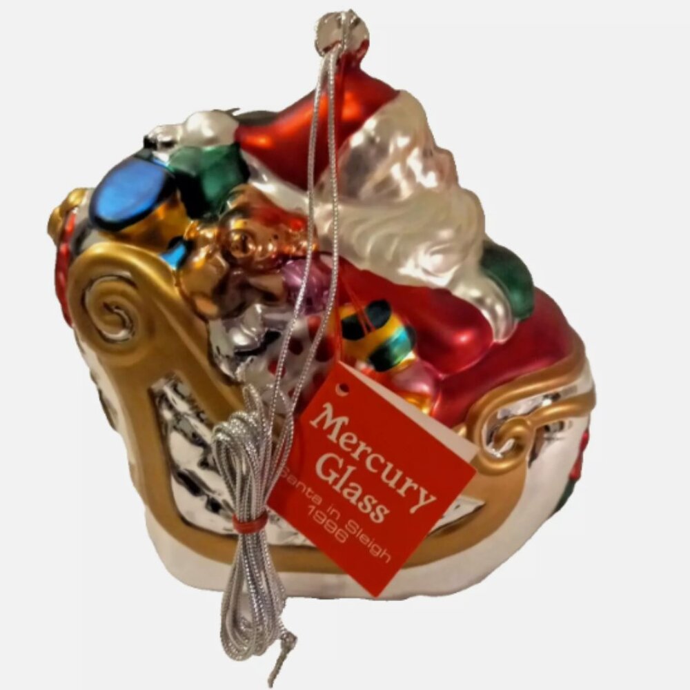 Department 56 1996 Mercury Glass Santa in Sleigh Ornament Handblown IOB Retired